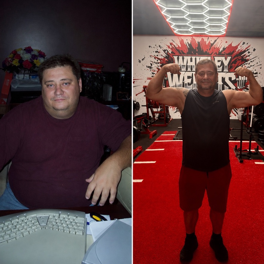 Before and after weight-loss transformation in front of the Whitley Weights mural