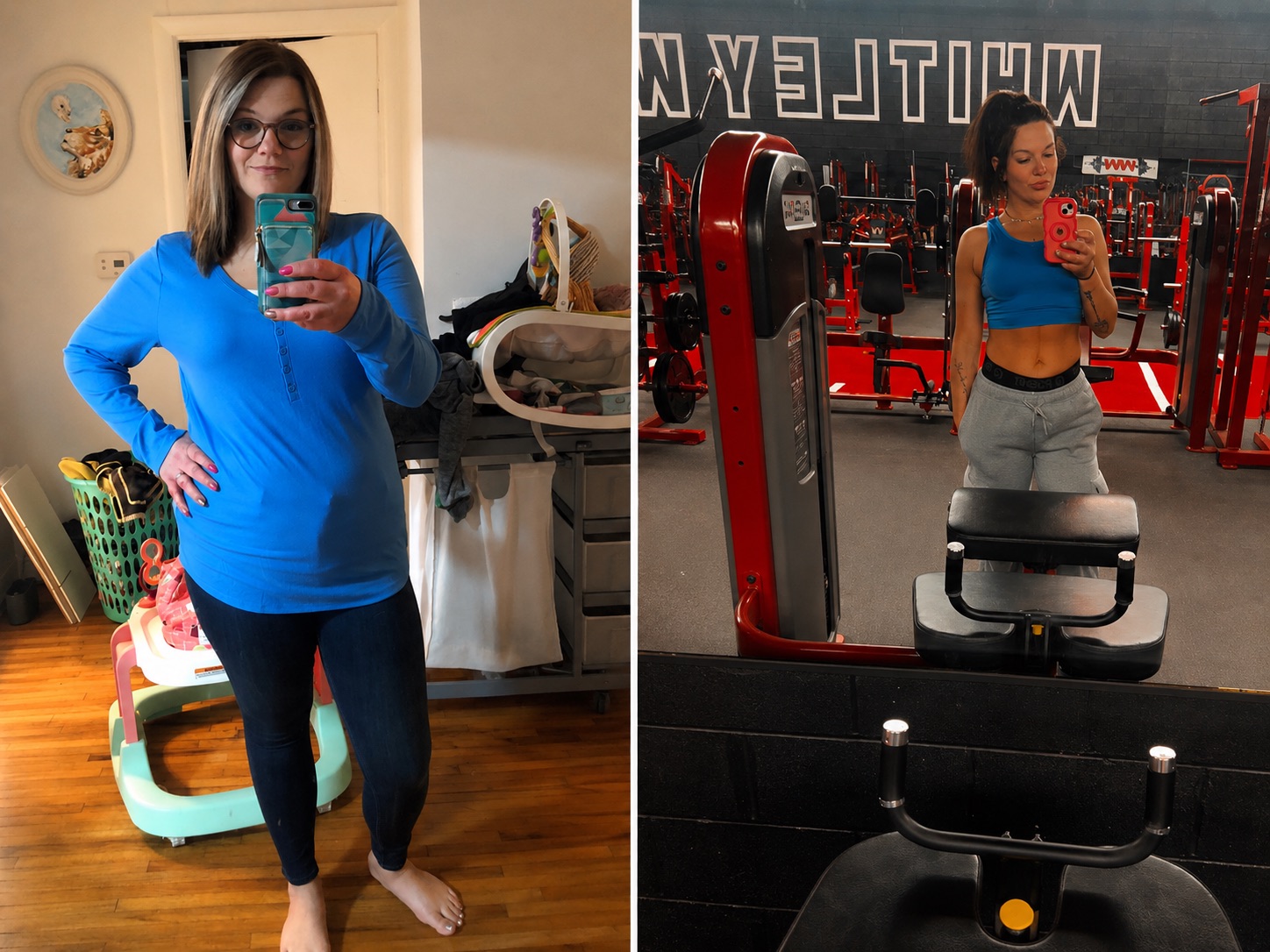 Female before and after weight-loss transformation ending at Whitley Weights