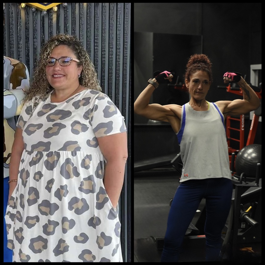 Before and after weight-loss transformation, woman flexing in the gym